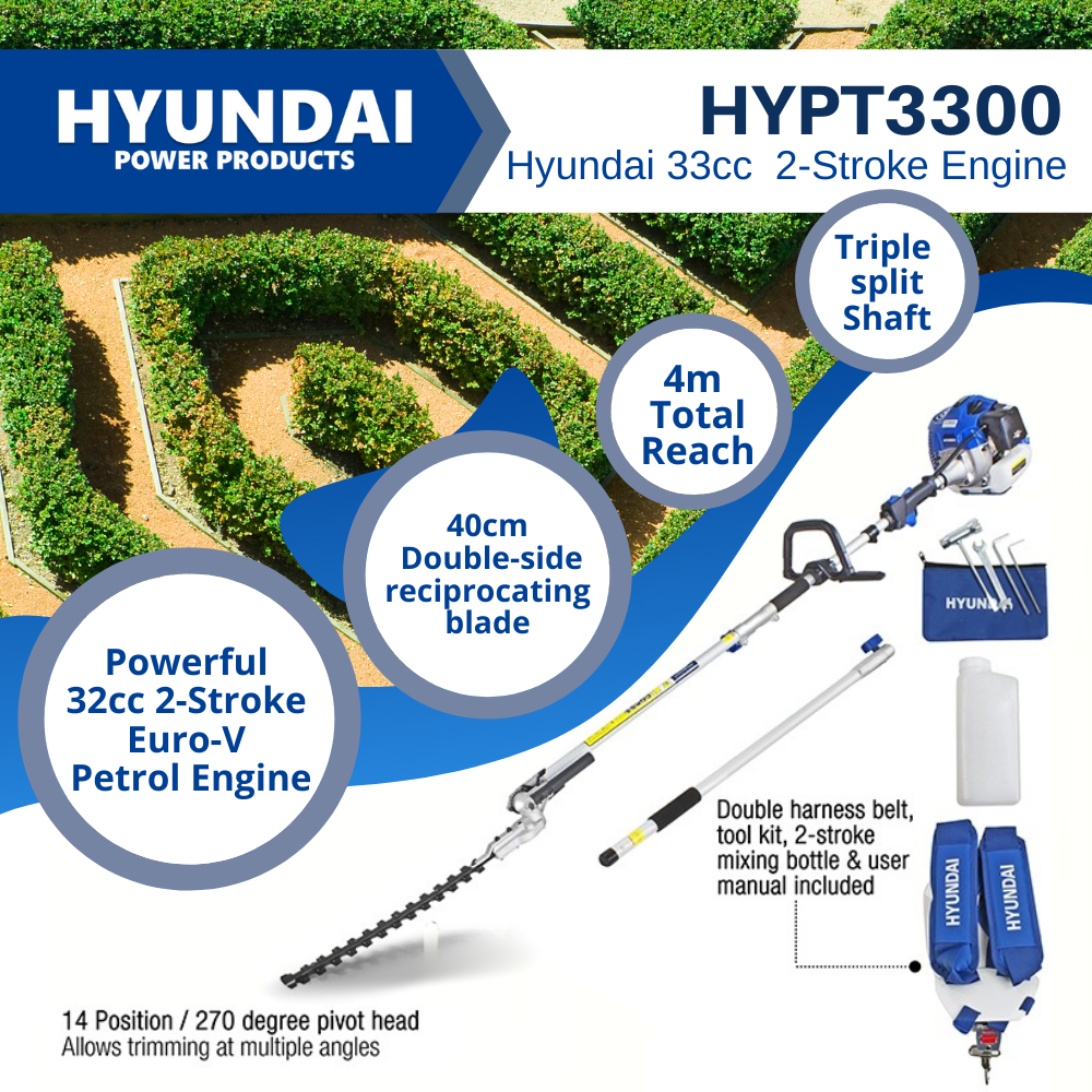 Hyundai Petrol Pole Hedge Trimmer, 33cc