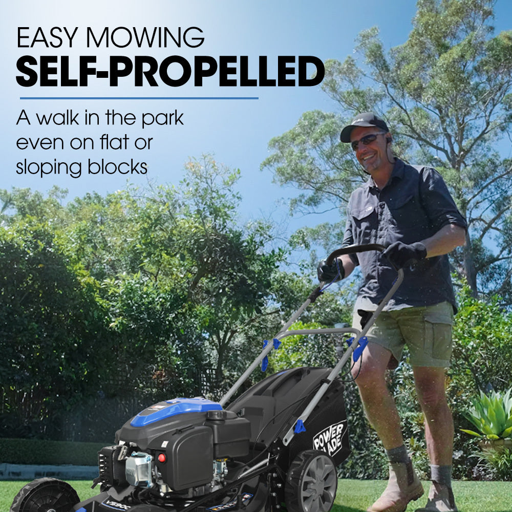PowerBlade 20" 200cc Self-Propelled Lawn Mower, 7 Height, Steel Deck, Deck Wash Port, OHV 4-Stroke Petrol - VS900