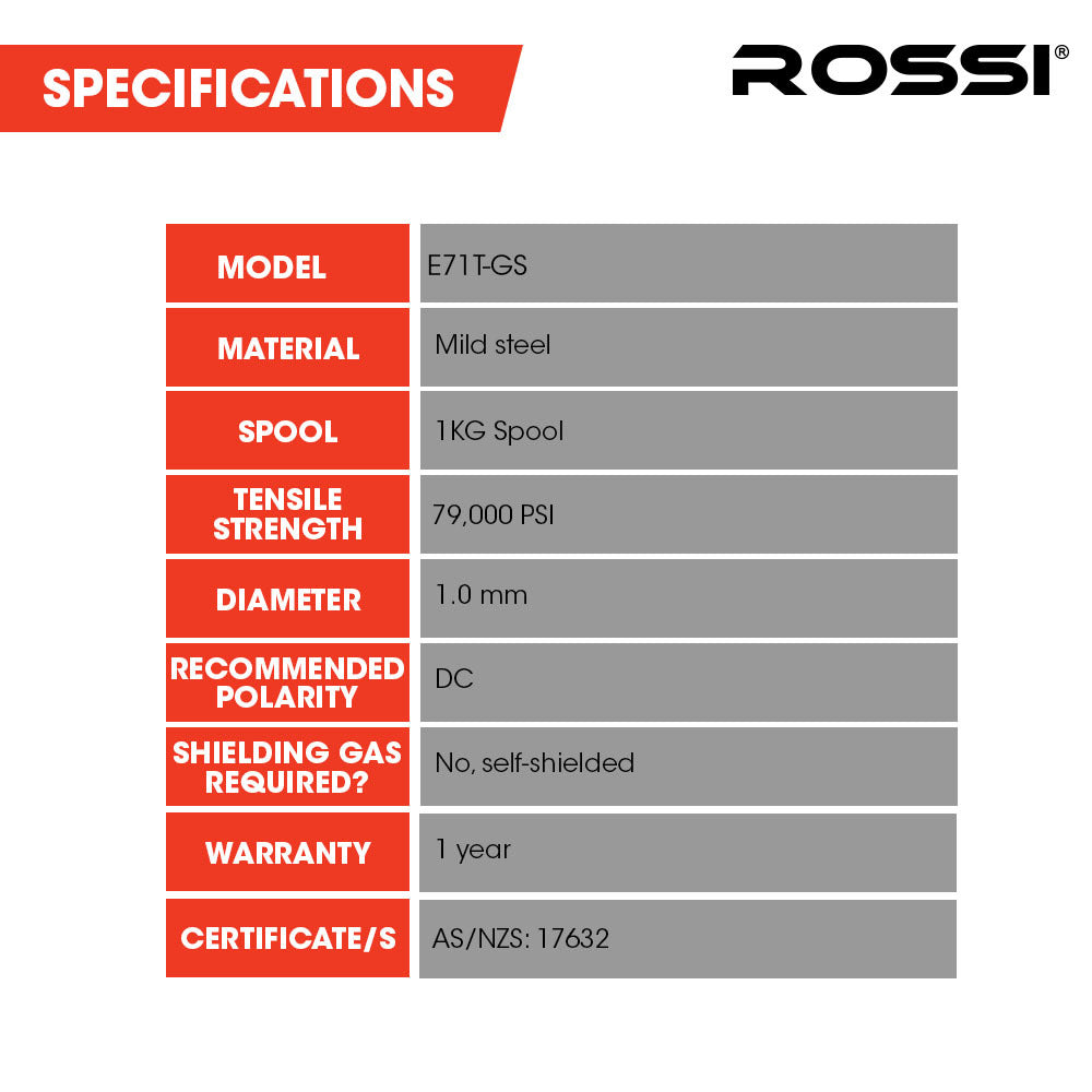 ROSSI 1.0mm 1kg Flux Core Gasless MIG Welding Wire, Self-Shielded, Excellent for Outdoor Use